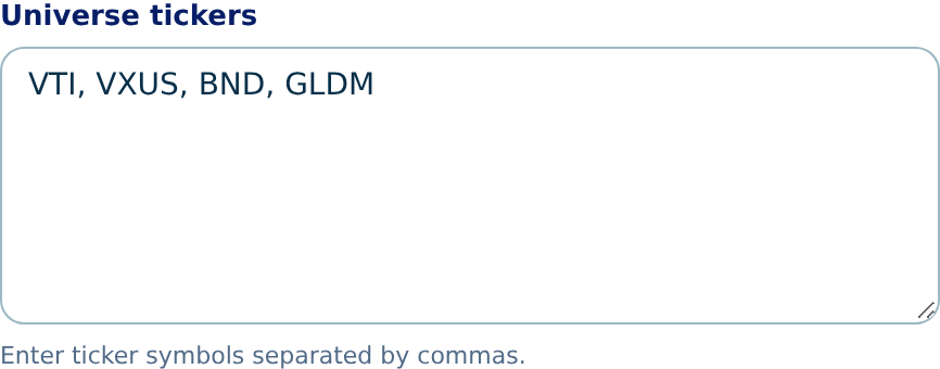 ETF entry field with the example tickers VTI, VXUS, BND and GLDM, separated by commas.
